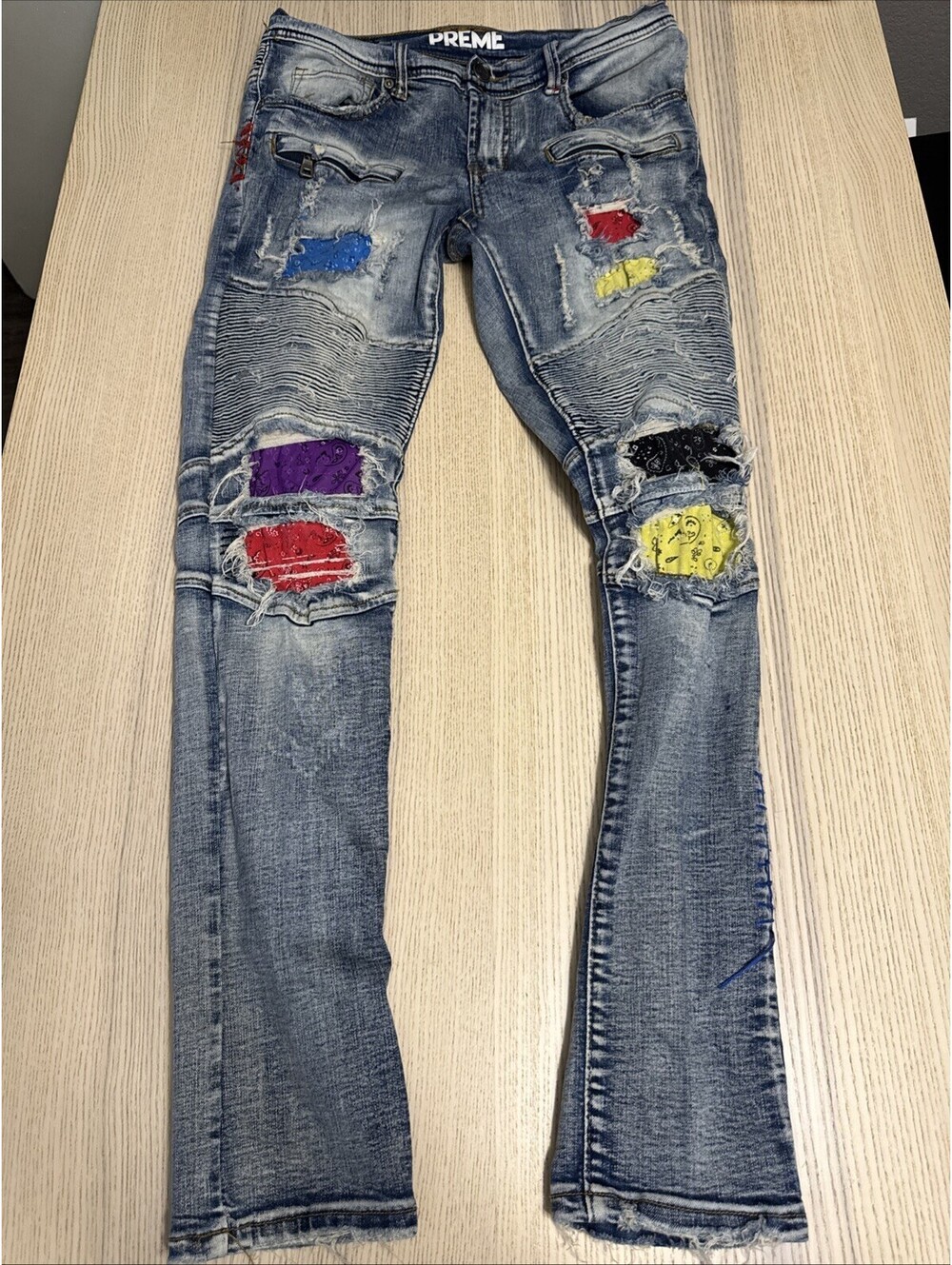 PREME Men's Multi-Bandana Biker Jeans Light Wash Distressed Moto Denim 32x32
